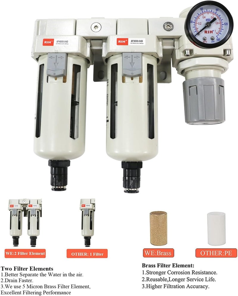 RIH Store Pneumatics 1/2'' NPT Auto Drain Compressed Air Double Filter & Regulator, Air Drying System, Air Compressor Water Separator, Auto Drain, Poly Bowl,0-150 psi Gauge, 5 Micron Brass Element (1/2 NPT) - Image 3